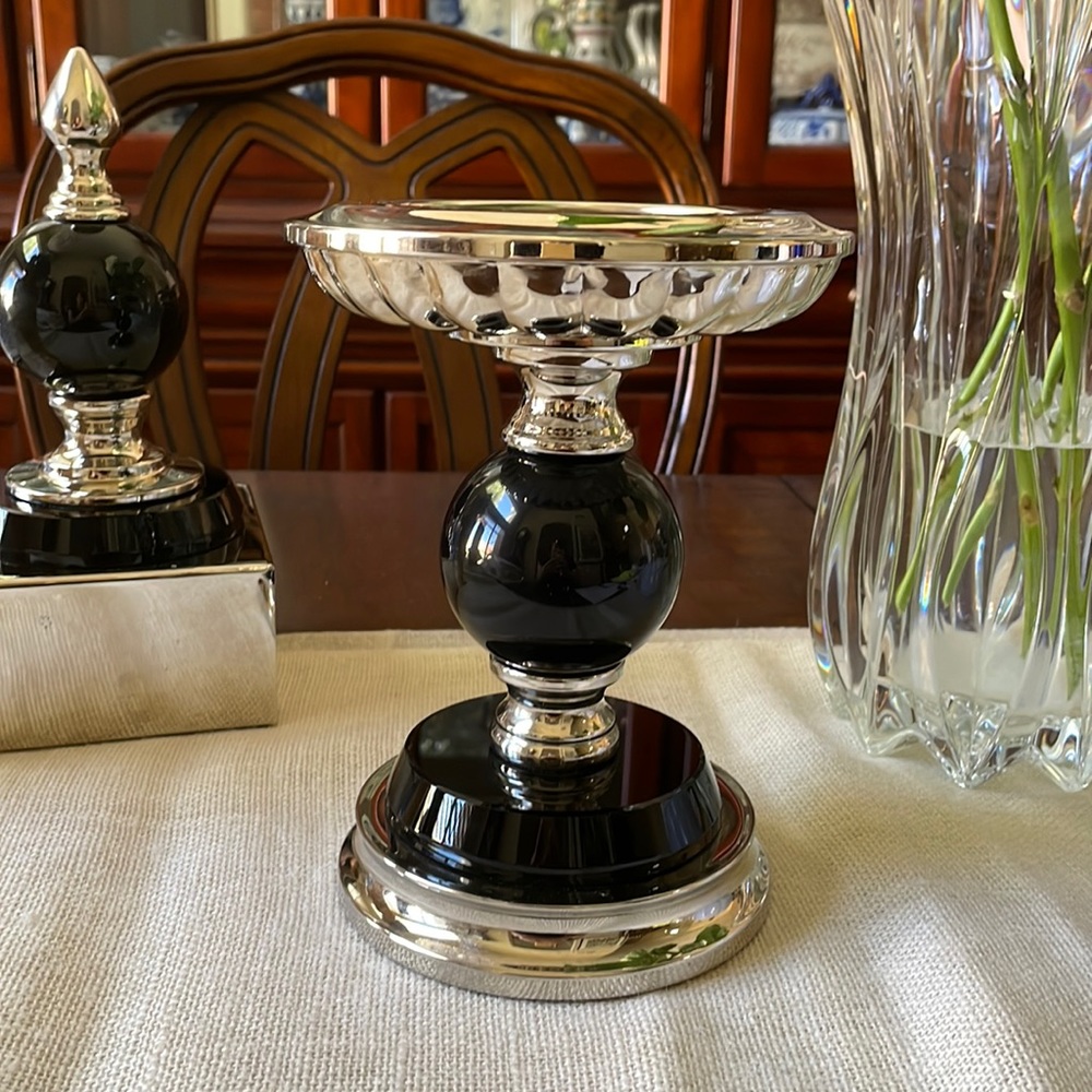 Art Deco silver color and black pillar candle holder stand decor accent display
